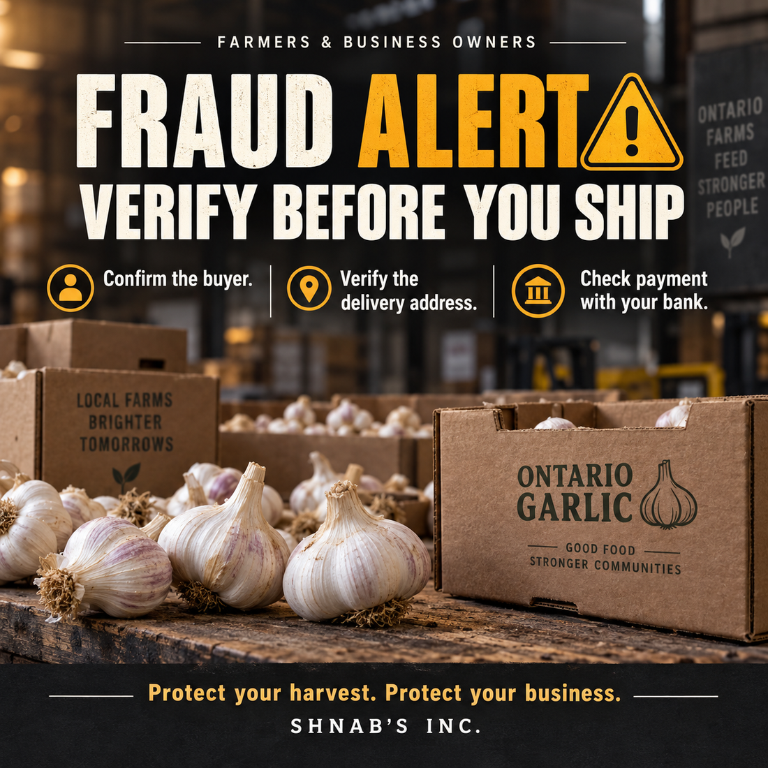 Shnab’s Inc. fraud awareness: verify the buyer, delivery address and payment before shipping.