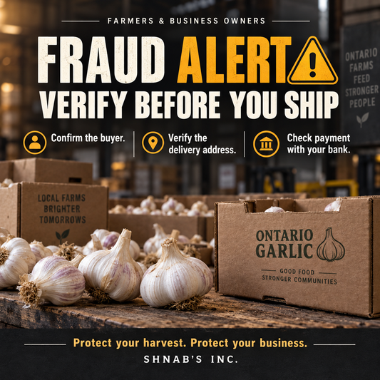 Shnab’s Inc. fraud awareness: verify the buyer, delivery address and payment before shipping.